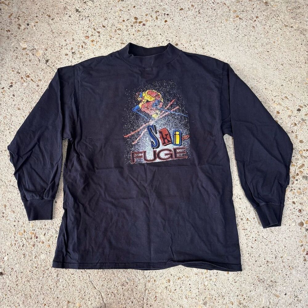 Vintage Tultex Men's XL Black Vintage Ski Luge Graphic Long Sleeve T-Shirt